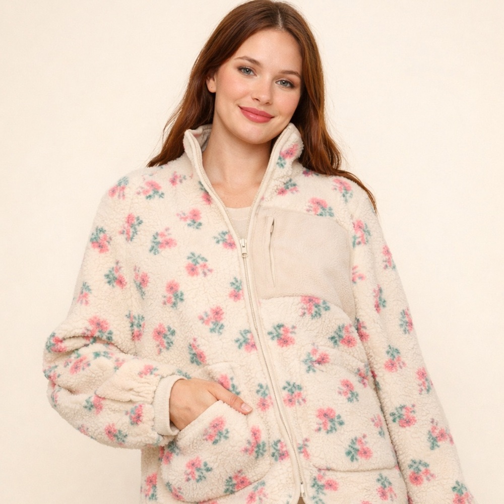 🍰 Floral Cream Sherpa Jacket Dopamine Dressing